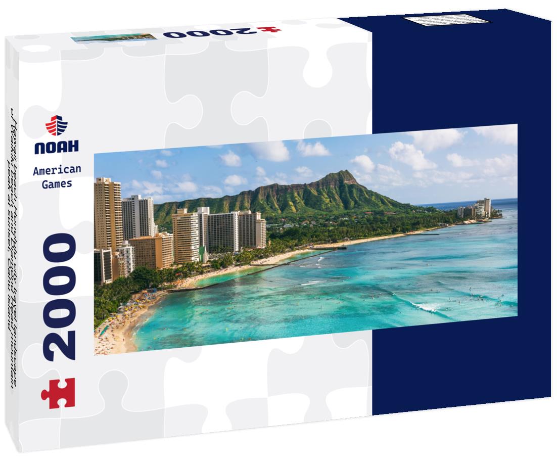 Hawaii beach Honolulu city travel landscape of Waikiki beach and Diamond Head mountain peak at sunset, Oahu island 2000pc Panoramic Puzzle