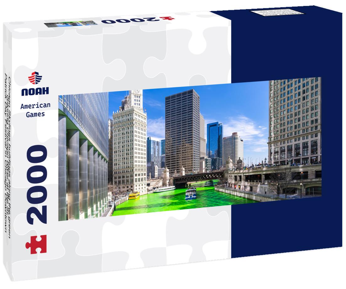 Chicago Skylines buildings along the green coloring Chicago River at the St. Patrick Day Festival in Chicago Downtown IL USA 2000pc Panoramic Puzzle