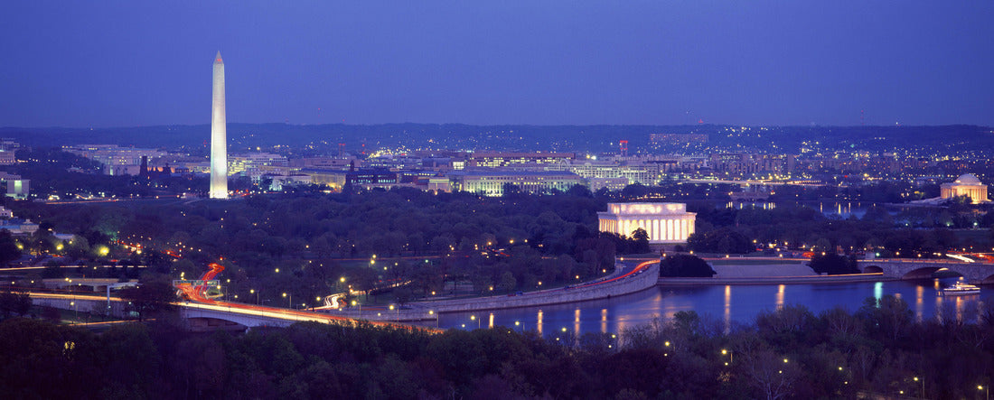 This is an aerial view of Washington, DC with the Jefferson Memorial, U.S. Capitol, Washington Monument, and Lincoln Memorial 2000pc Panoramic Puzzle