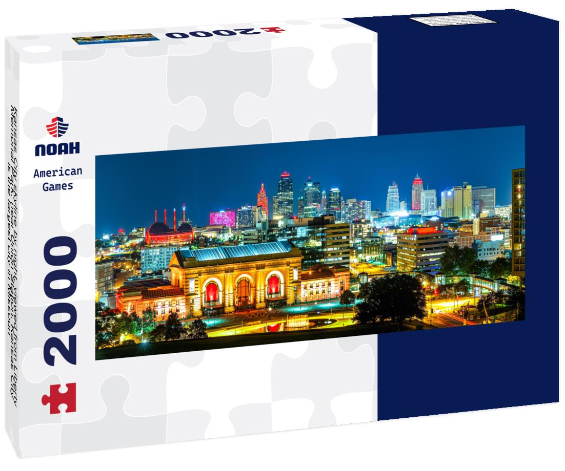 Kansas City skyline by night, viewed from Liberty Memorial Park, near Union Station. Kansas City is the largest city in Missouri 2000pc Panoramic Puzzle