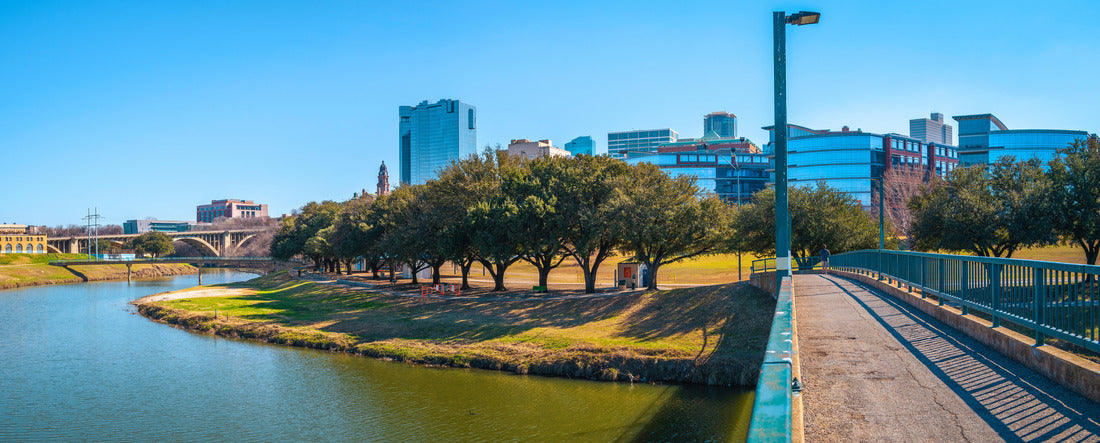 The skyline of Fort Worth, buildings and walking trails across the Trinity River Bridge, a city with open space in Texas 2000pc Panoramic Puzzle