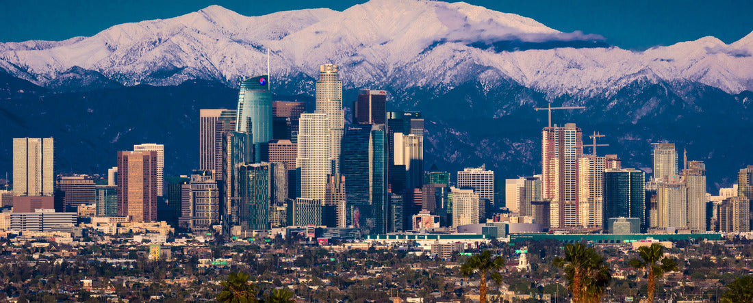 City of Angels - Los Angeles Skyline framed by San Bernadino Mountains and Mount Baldy with fresh snow from Kenneth Hahn State Park 2000pc Panoramic Puzzle