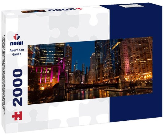 Noah Jigsaw Puzzle Chicago Illinois city skyline at night with view of river and bridge with buildings lit up in background long exposure with dark sky panorama 2000 pieces