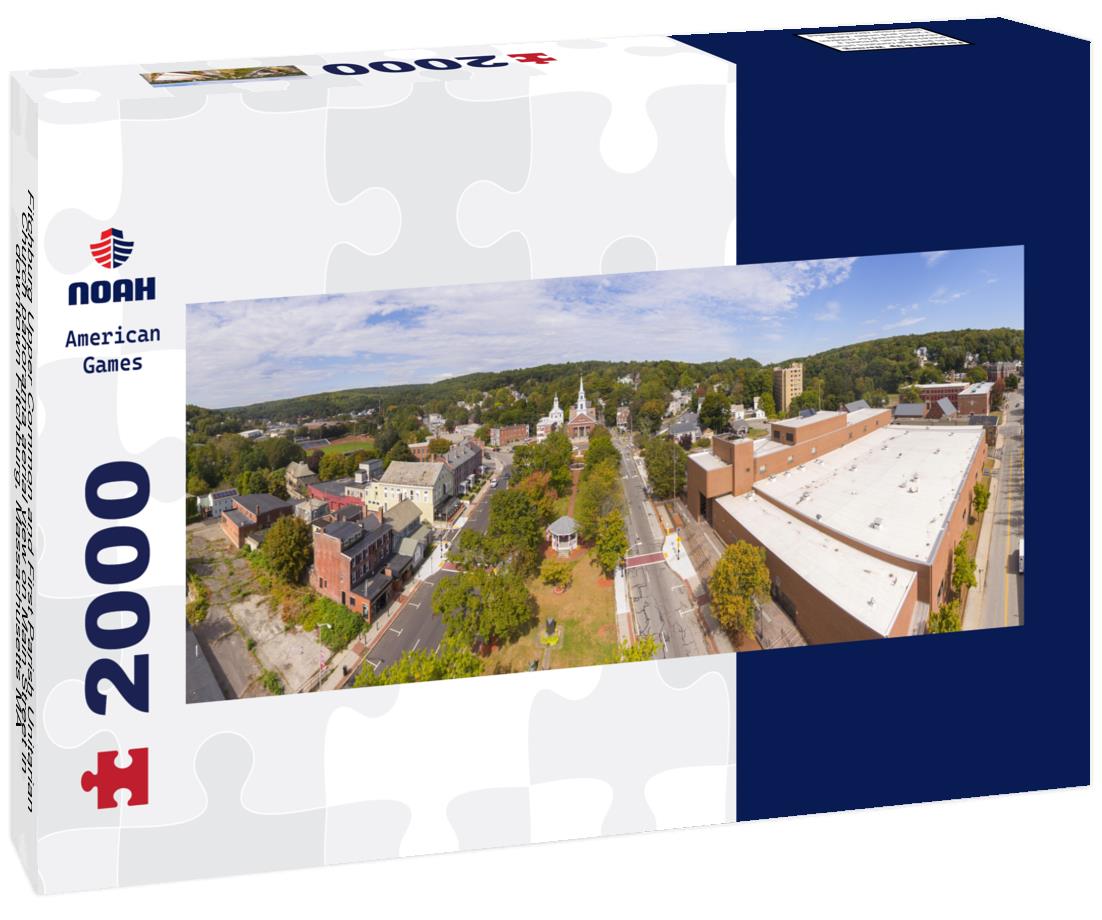 Fitchburg Upper Common and First Parish Unitarian Church aerial view on Main Street in downtown Fitchburg, Massachusetts MA 2000pc Panoramic Puzzle