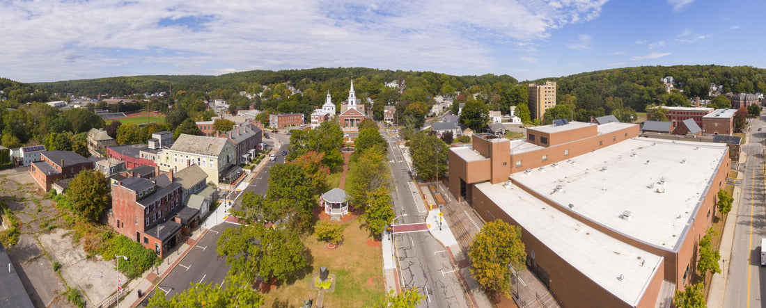 Fitchburg Upper Common and First Parish Unitarian Church aerial view on Main Street in downtown Fitchburg, Massachusetts MA 2000pc Panoramic Puzzle