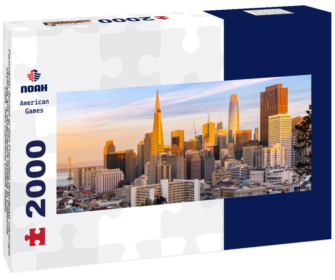 Noah Jigsaw Puzzle Panoramic Sunset at San Francisco downtown cityscape skylines ans skyscrapers building in California, USA. San Francisco United States panorama 2000 pieces