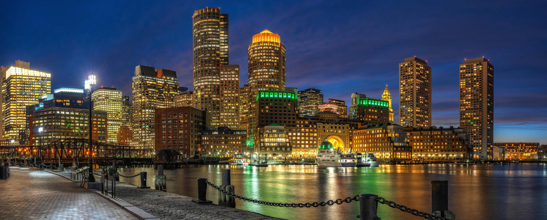 Boston skyline from Fan Pier at the fantastic twilight time with smooth water river in boston, Massachusetts, USA downtown 2000pc Panoramic Puzzle