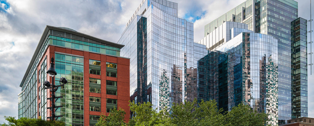 Boston Skyline and Cityscape over the green park. Abstract architectural geometry of modern buildings in downtown Boston, Massachusetts 2000pc Panoramic Puzzle