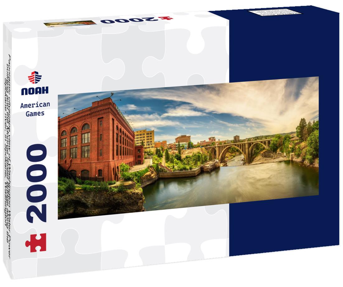 cityscape view of Washington Water Power building and the Monroe Street Bridge along the Spokane river, in Spokane, Washington 2000pc Panoramic Puzzle
