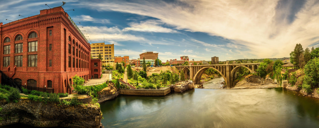 cityscape view of Washington Water Power building and the Monroe Street Bridge along the Spokane river, in Spokane, Washington 2000pc Panoramic Puzzle