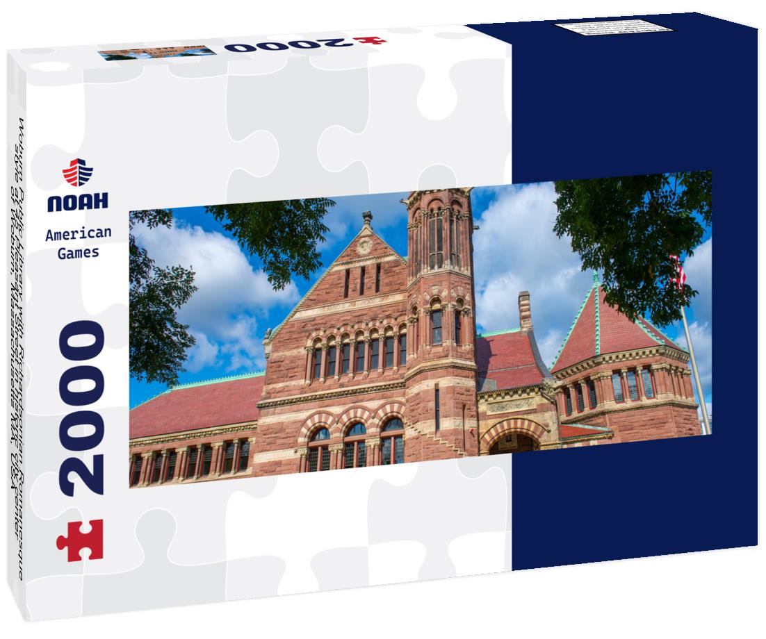 Woburn Public Library with Richardsonian Romanesque style at 45 Pleasant Street in historic city center of Woburn, Massachusetts MA, USA 2000pc Panoramic Puzzle
