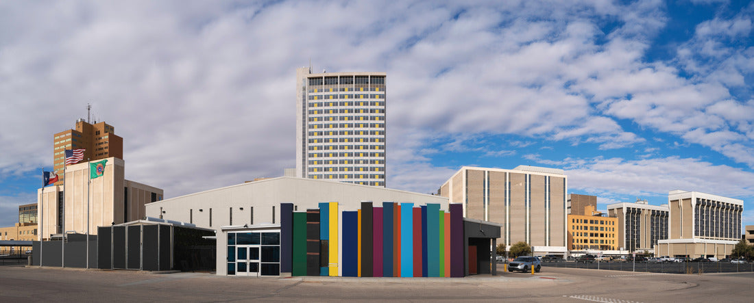 Modern Midland Texas city skyline and downtown skyscrapers, dramatic cloudscape with American and Texas Flags waving in the wind 2000pc Panoramic Puzzle