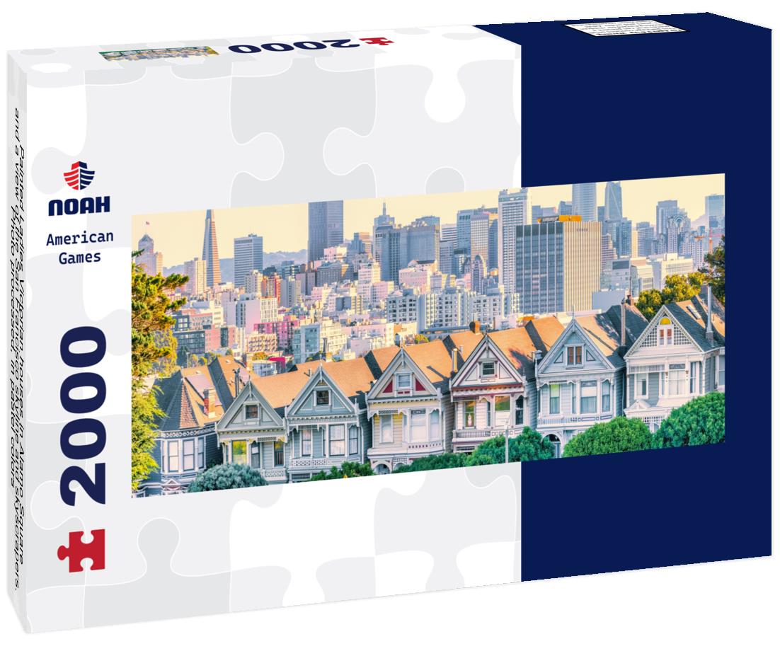 Painted Ladies Victorian houses in Alamo Square and a view of the San Francisco skyline and skyscrapers. Photo processed, in pastel colors 2000pc Panoramic Puzzle