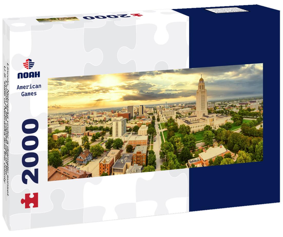 Lincoln, Nebraska under a dramatic sunset. Lincoln is the capital city of the U.S. state of Nebraska and the county seat of Lancaster County 2000pc Panoramic Puzzle