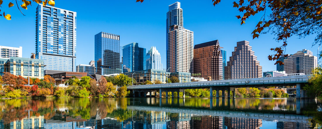 Perfectly mirrored reflections across the city skyline with Perfect Loop fall colors and a growing Austin Texas Cityscape Skyline Capital City 2000pc Panoramic Puzzle
