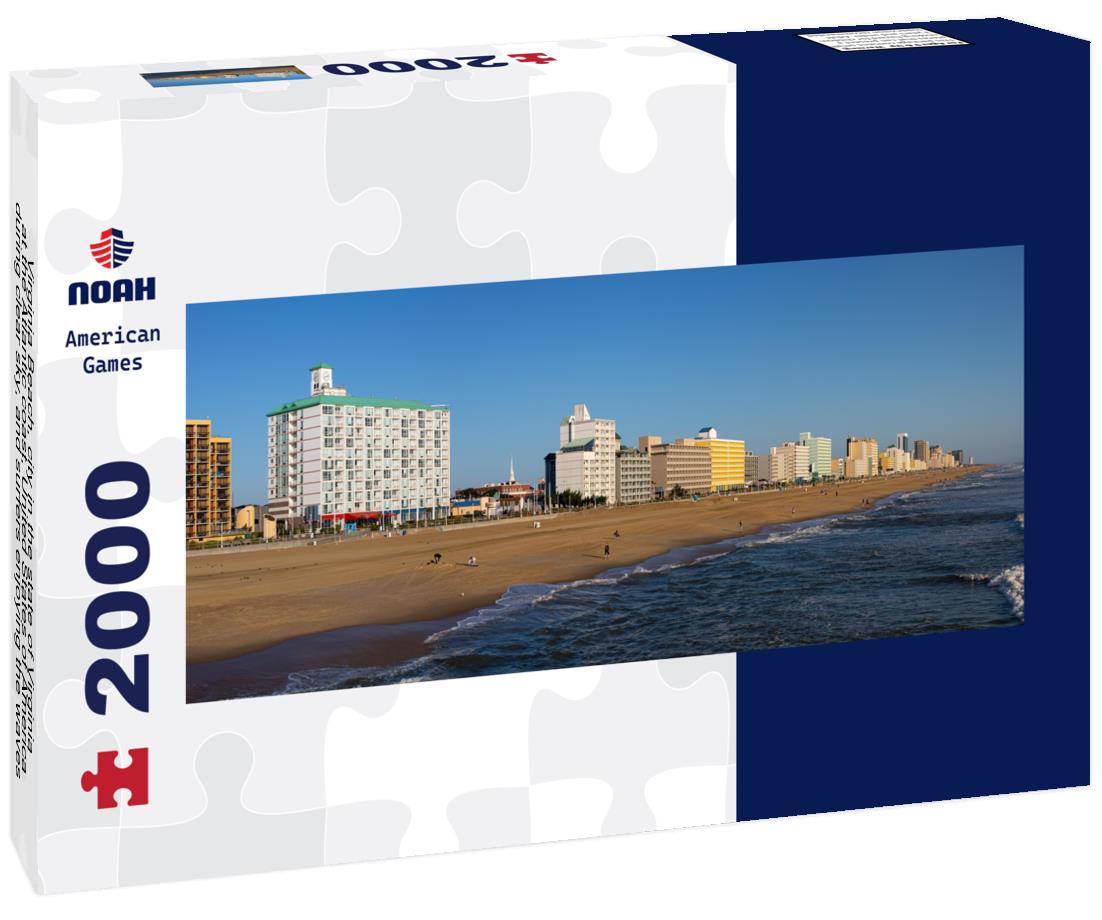 Virginia Beach, city in the state of Virginia, at the Atlantic coast, United States of America, during clear sky, and surfers enjoying the waves 2000pc Panoramic Puzzle