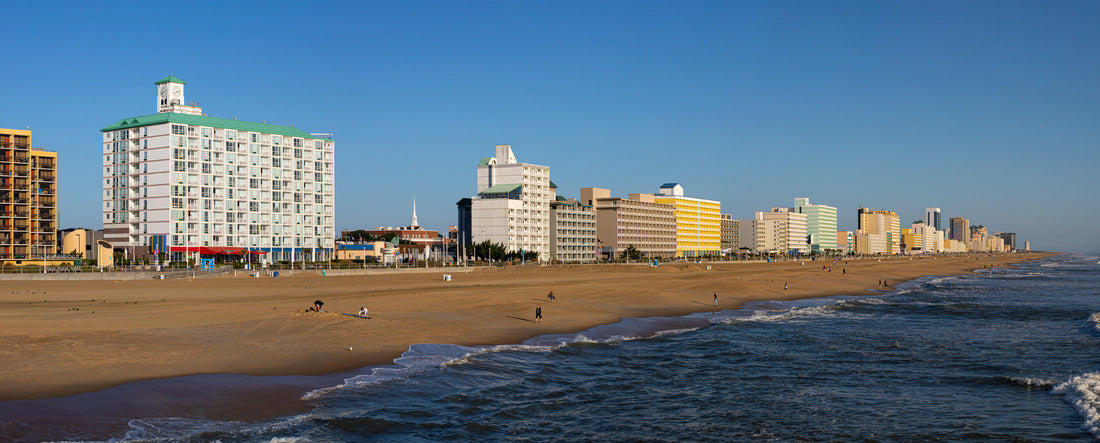 Virginia Beach, city in the state of Virginia, at the Atlantic coast, United States of America, during clear sky, and surfers enjoying the waves 2000pc Panoramic Puzzle