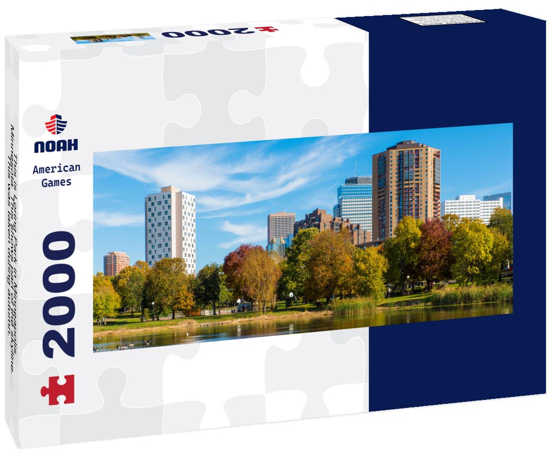 This is Loring Park in Minneapolis, Minnesota. This shows part of the skyline. This was taken during autumn. These are Canadian Geese on the lake 2000pc Panoramic Puzzle