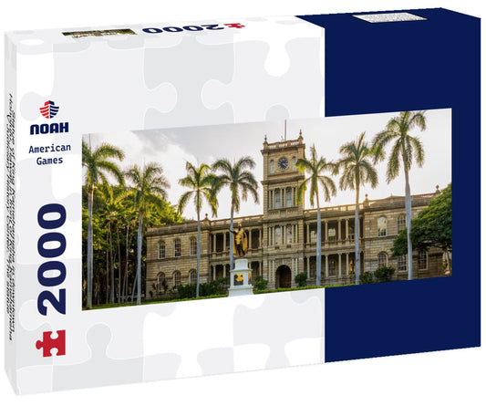 Noah Jigsaw Puzzle Statue of King Kamehameha in downtown Honolulu, Hawaii in front of King Kamehameha V Judiciary History Center. The statue had its origins in 1878 panorama 2000 pieces