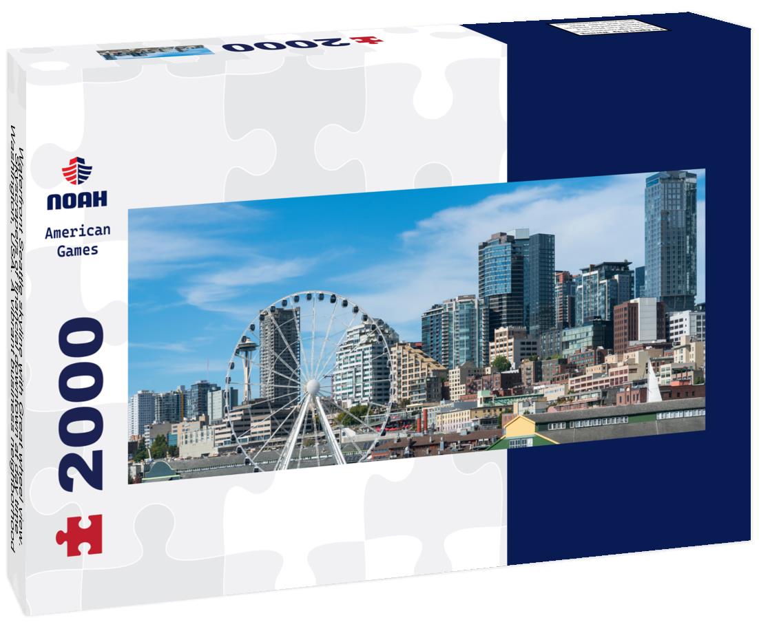 Waterfront Seattle skyline with Great wheel view. Skyscrapers of financial downtown at day time, Washington, USA. A vibrant business neighborhood 2000pc Panoramic Puzzle