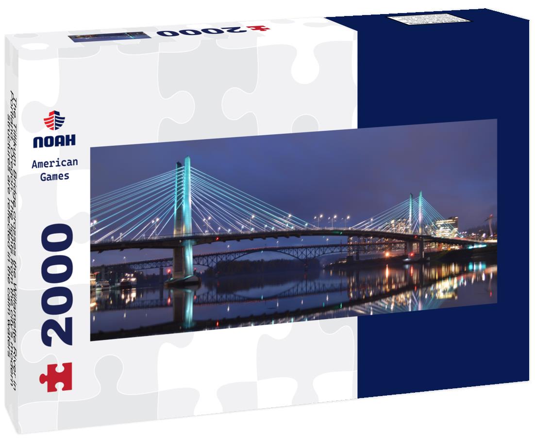 The Tillikum Bridge crosses the Willamette River in Portland, Oregon. The lights from the city's modern structures are reflected in the calm waters 2000pc Panoramic Puzzle