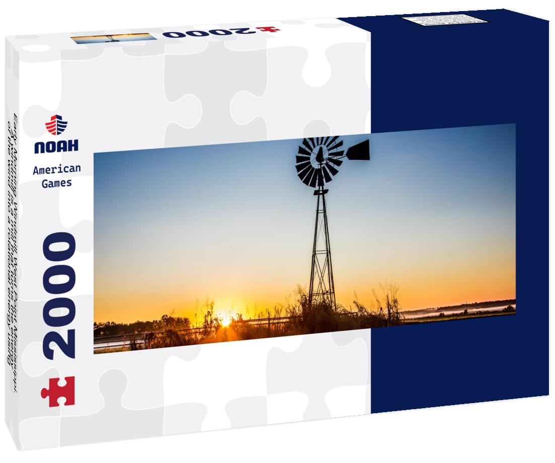 Early Morning Windmill West Point Mississippi. A windmill is a mill that turns the energy of the wind into a rotational energy using sails or blades 2000pc Panoramic Puzzle