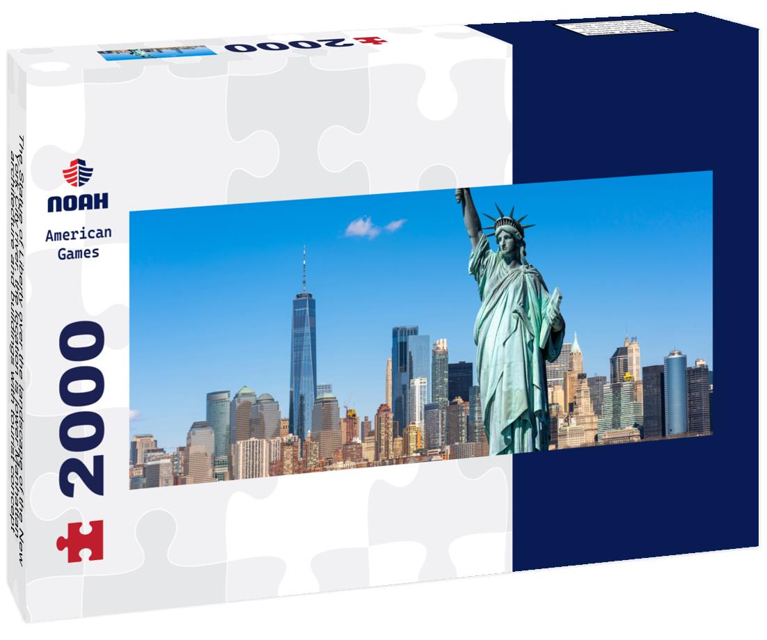 The Statue of Liberty over the landscape of the New York City river, the location is lower Manhattan, architecture and buildings with tourist concept 2000pc Panoramic Puzzle