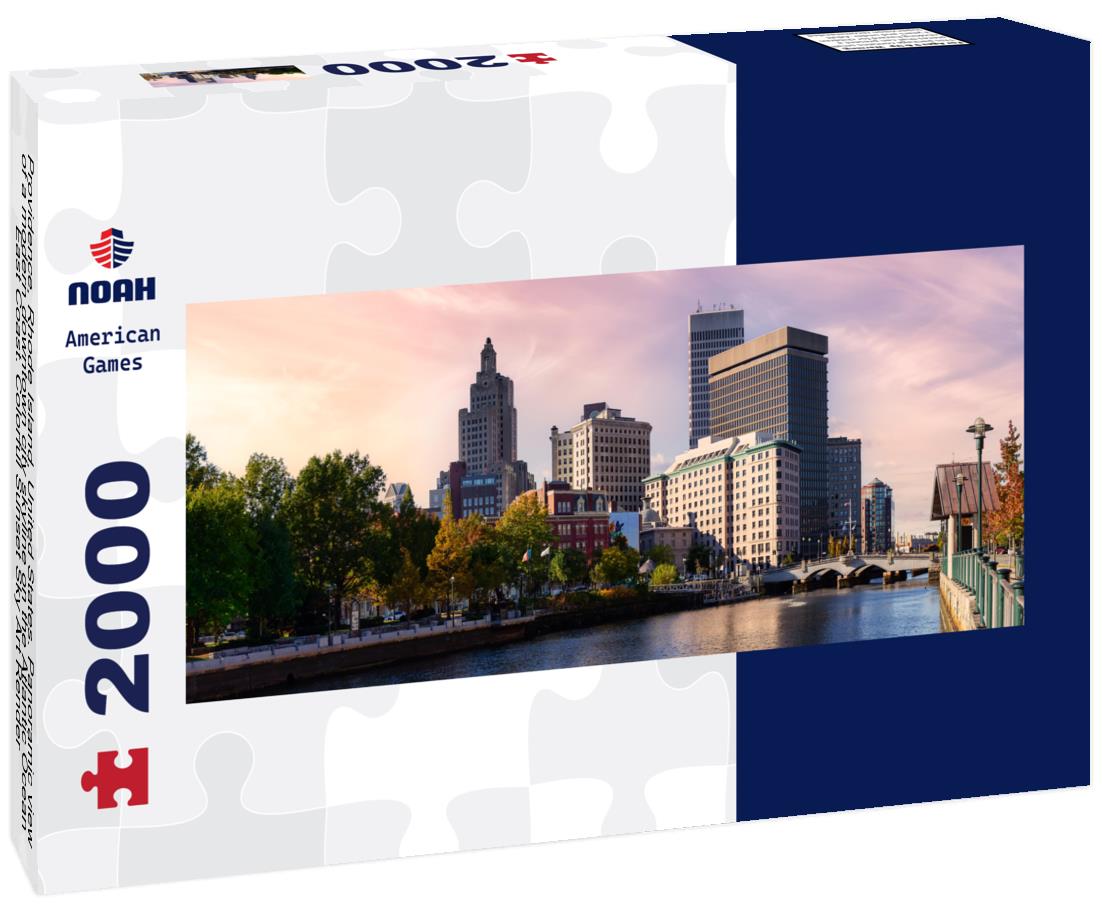 Noah Jigsaw Puzzle Providence, Rhode Island, United States. Panoramic view of a modern downtown city skyline on the Atlantic Ocean East Coast. Colorful Sunset Sky Art Render panorama 2000 pieces