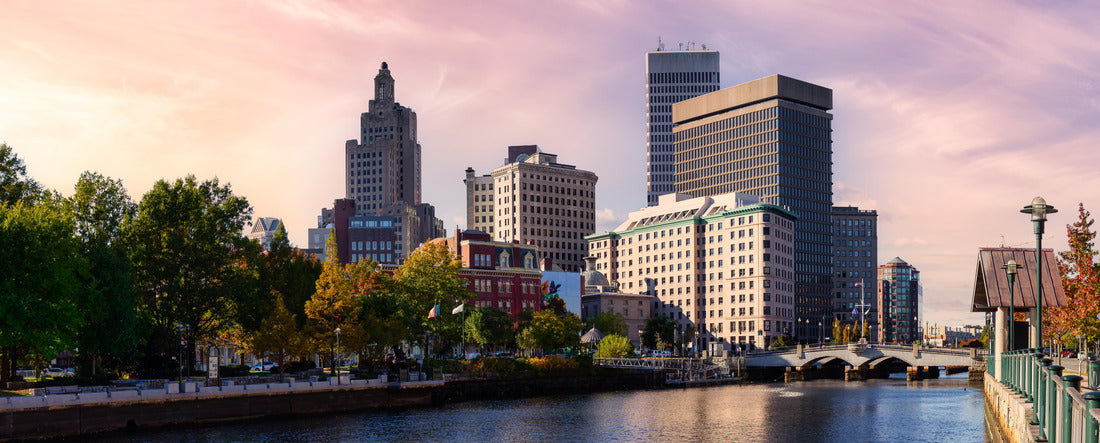 Providence, Rhode Island, United States. a modern downtown city skyline on the Atlantic Ocean East Coast. Colorful Sunset Sky Art Render 2000pc Panoramic Puzzle