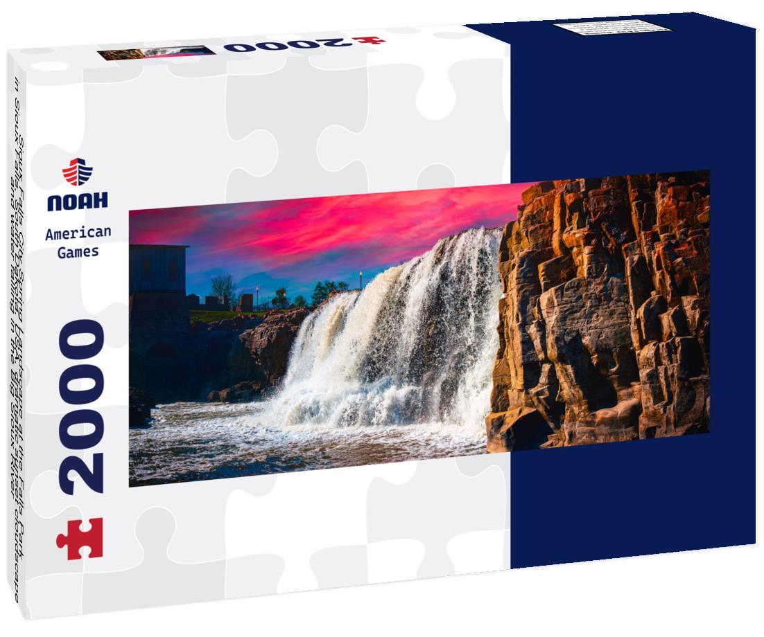 Sioux Falls City Spring Landscape at the Falls Park in Sioux Falls, South Dakota, USA, dramatic sunset cloudscape and water falling in the Big Sioux River 2000pc Panoramic Puzzle