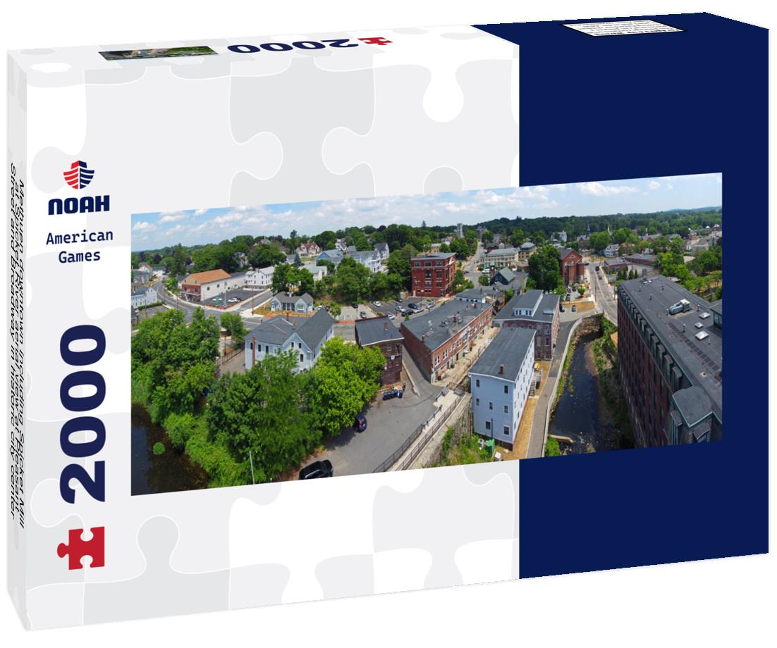 Methuen downtown including Spicket Mill at Spicket River aerial view at Pleasant Street and Broadway in historic city center of Methuen, Massachusetts MA, USA 2000pc Panoramic Puzzle