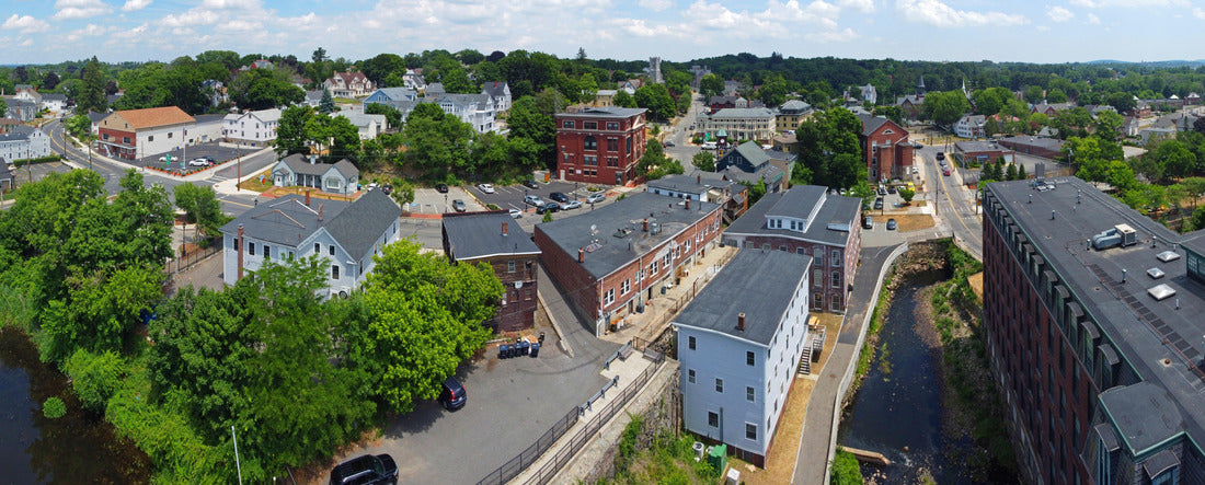 Methuen downtown including Spicket Mill at Spicket River aerial view at Pleasant Street and Broadway in historic city center of Methuen, Massachusetts MA, USA 2000pc Panoramic Puzzle