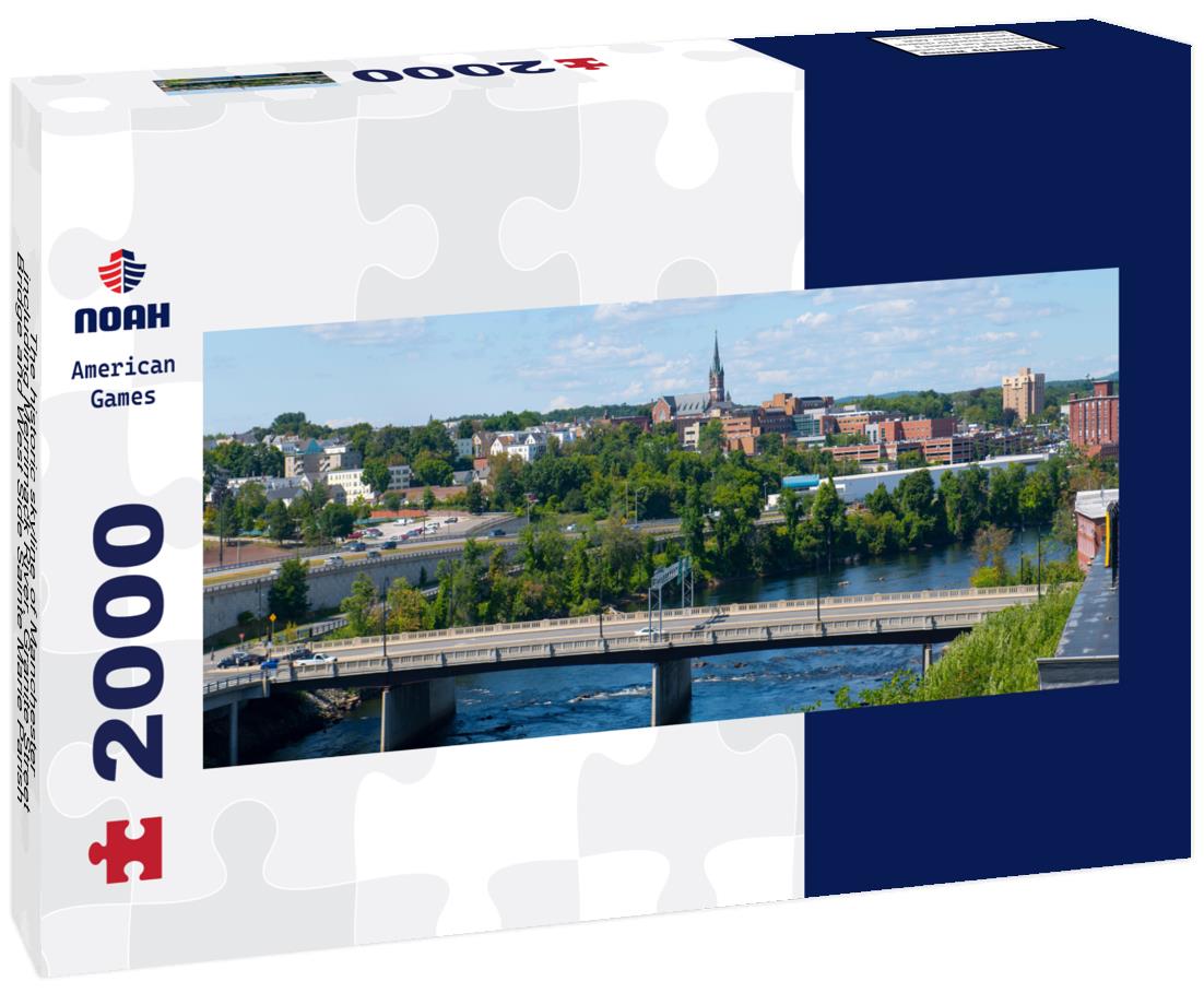 The historic skyline of Manchester, including Merrimack River, Granite Street Bridge and West Side Sainte Marie Parish Church in Manchester, New Hampshire NH, USA 2000pc Panoramic Puzzle