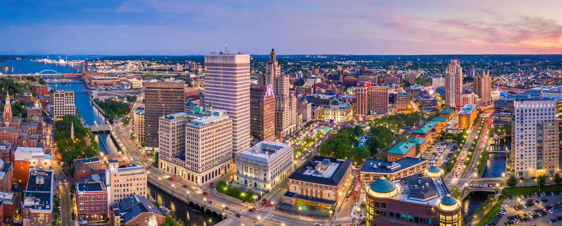 Aerial  Providence skyline at dusk. Providence is the capital city of the U.S. state of Rhode Island. Founded in 1636 is one of the oldest cities in USA 2000pc Panoramic Puzzle