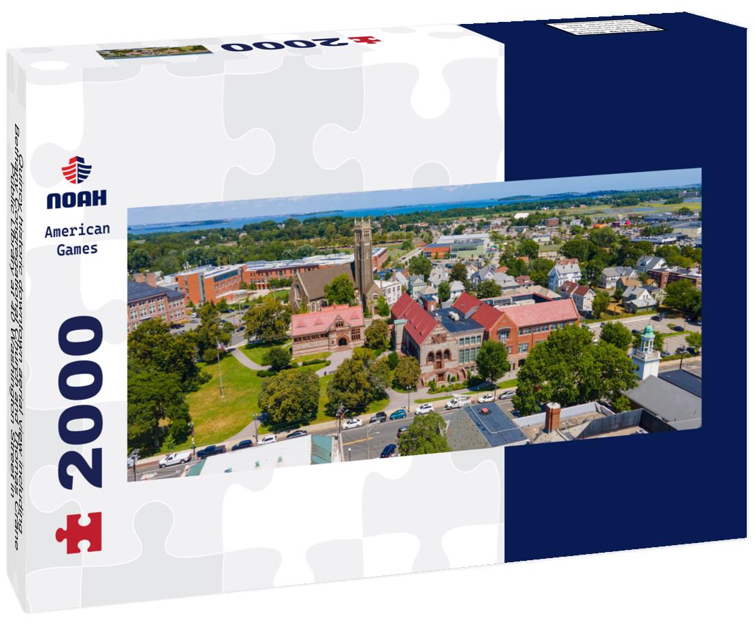 Quincy historic downtown aerial view including Bethany Congregational Church and Thomas Crane Public Library at 40 Washington Street in Quincy, Massachusetts MA, USA 2000pc Panoramic Puzzle