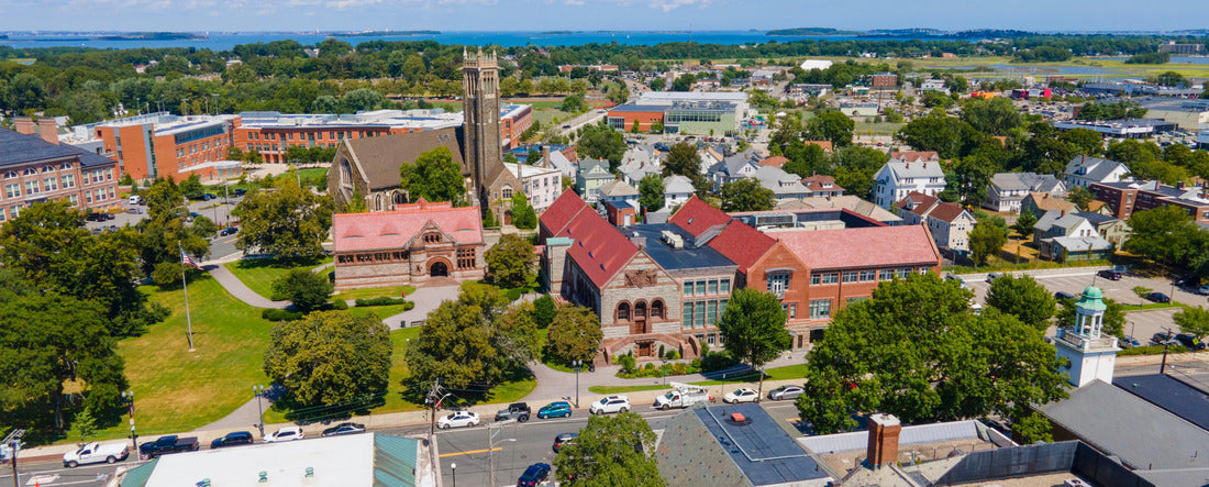 Quincy historic downtown aerial view including Bethany Congregational Church and Thomas Crane Public Library at 40 Washington Street in Quincy, Massachusetts MA, USA 2000pc Panoramic Puzzle