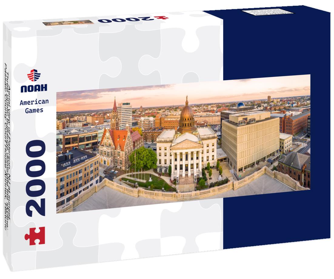 Aerial view of Paterson, NJ at sunset. Three public buildings dominate the skyline: Passaic County Court House Annnex, Historic Court and Passaic County Superior Court 2000pc Panoramic Puzzle