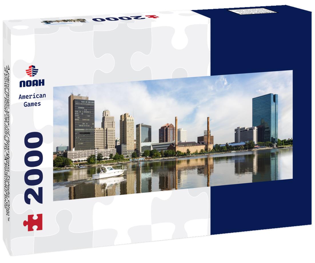 Noah Jigsaw Puzzle A panoramic view of downtown Toledo Ohio's skyline reflecting into the Maumee river with a power boat cruising by. A beautiful blue sky with white clouds for a backdrop panorama 2000 pieces