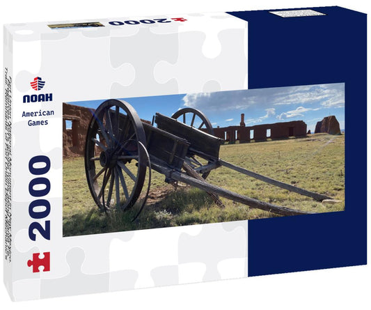 Noah Jigsaw Puzzle Fort Union National Monument in New Mexico. Preserves fort's adobe ruins along Santa Fe Trail. Remnants of Fort Union Depot Mechanic's Corral with wagons and wagon wheels panorama 2000 pieces