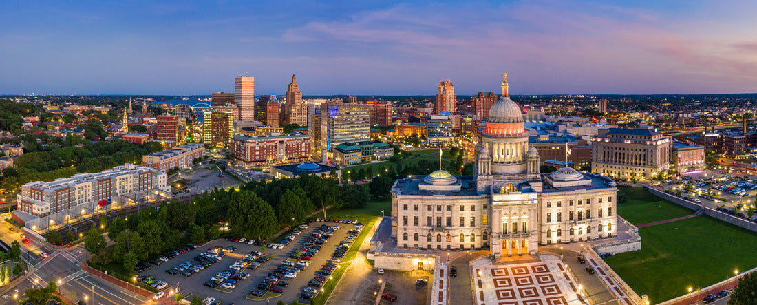 Aerial  Providence skyline and Rhode Island capitol building at dusk 2000pc Panoramic Puzzle