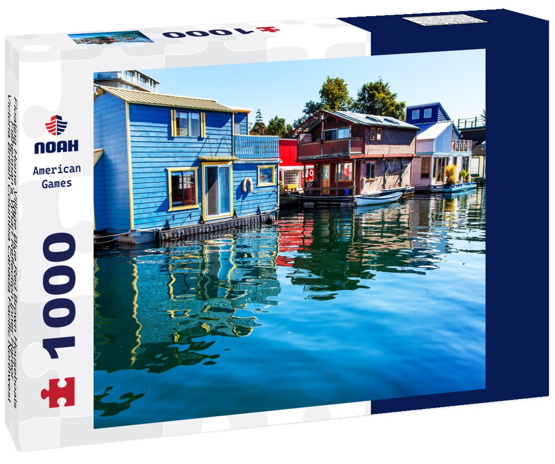 Noah Jigsaw Puzzle Floating Home Village Blue Red Brown Houseboats Fisherman's Wharf Reflection Inner Harbor, Victoria British Columbia Canada Pacific Northwest 1000 pieces