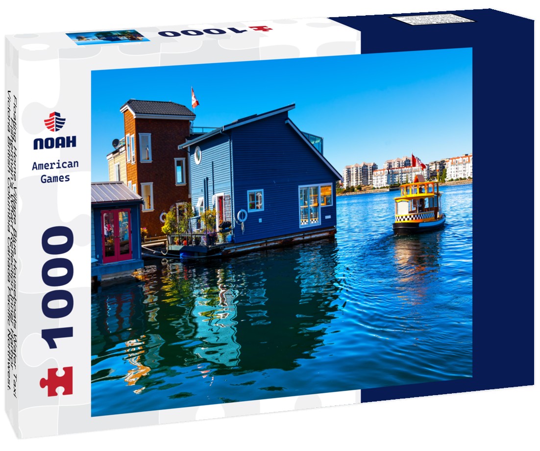 Noah Jigsaw Puzzle Floating Home Village Blue Houseboats Water Taxi Fisherman's Wharf Reflection Inner Harbor, Victoria British Columbia Canada Pacific Northwest. Area has floating homes, piers, restaurants 1000 pieces