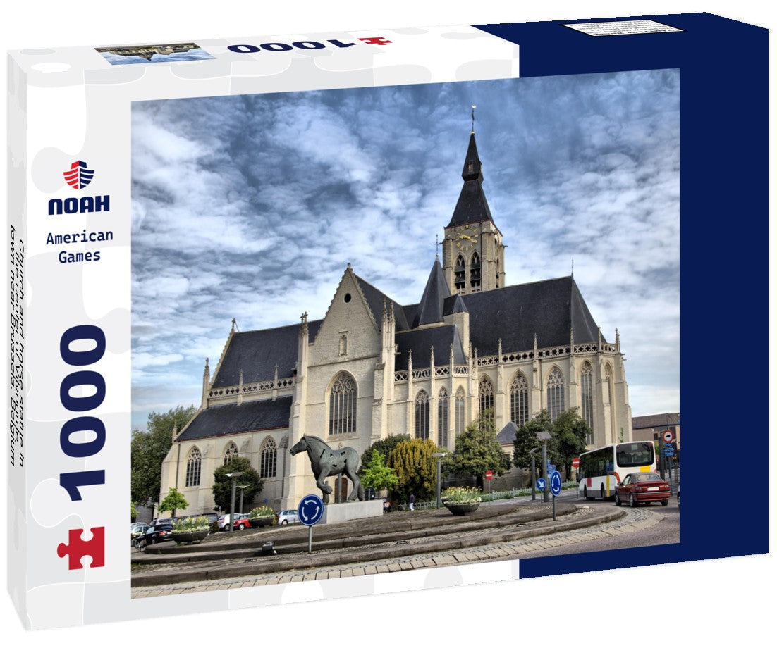 Noah Jigsaw Puzzle Church and horse statue in the center of Vilvoorde - town near Brussels, Belgium 1000 pieces