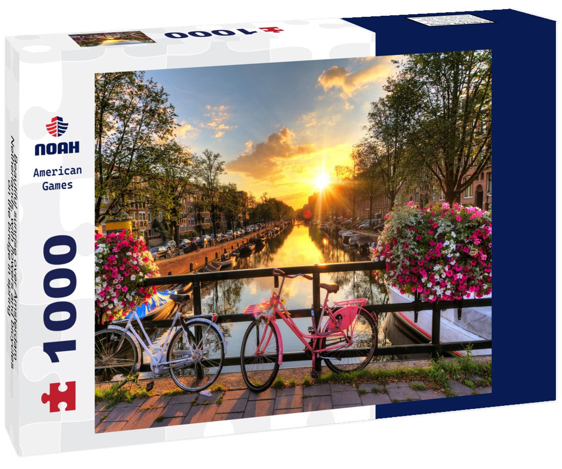 Noah Jigsaw Puzzle Beautiful sunrise over Amsterdam, Netherlands, with flowers and bicycles on the bridge in spring 1000 pieces