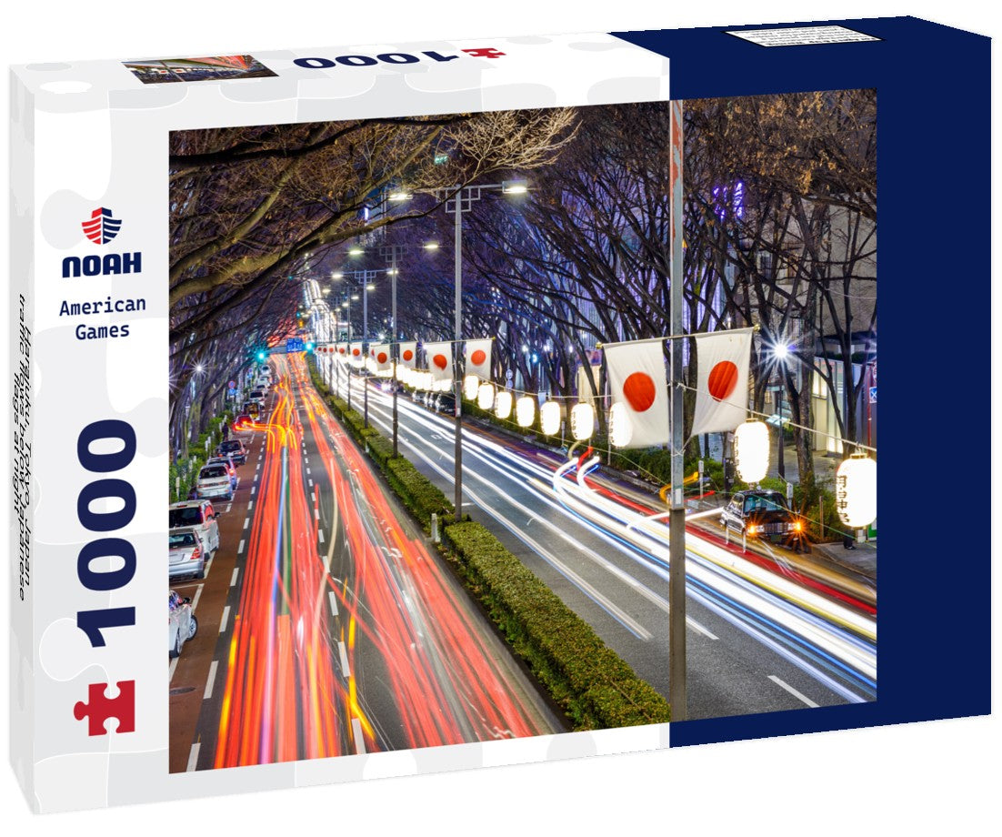 Noah Jigsaw Puzzle Harajuku, Tokyo, Japan traffic flows below Japanese flags at night 1000 pieces