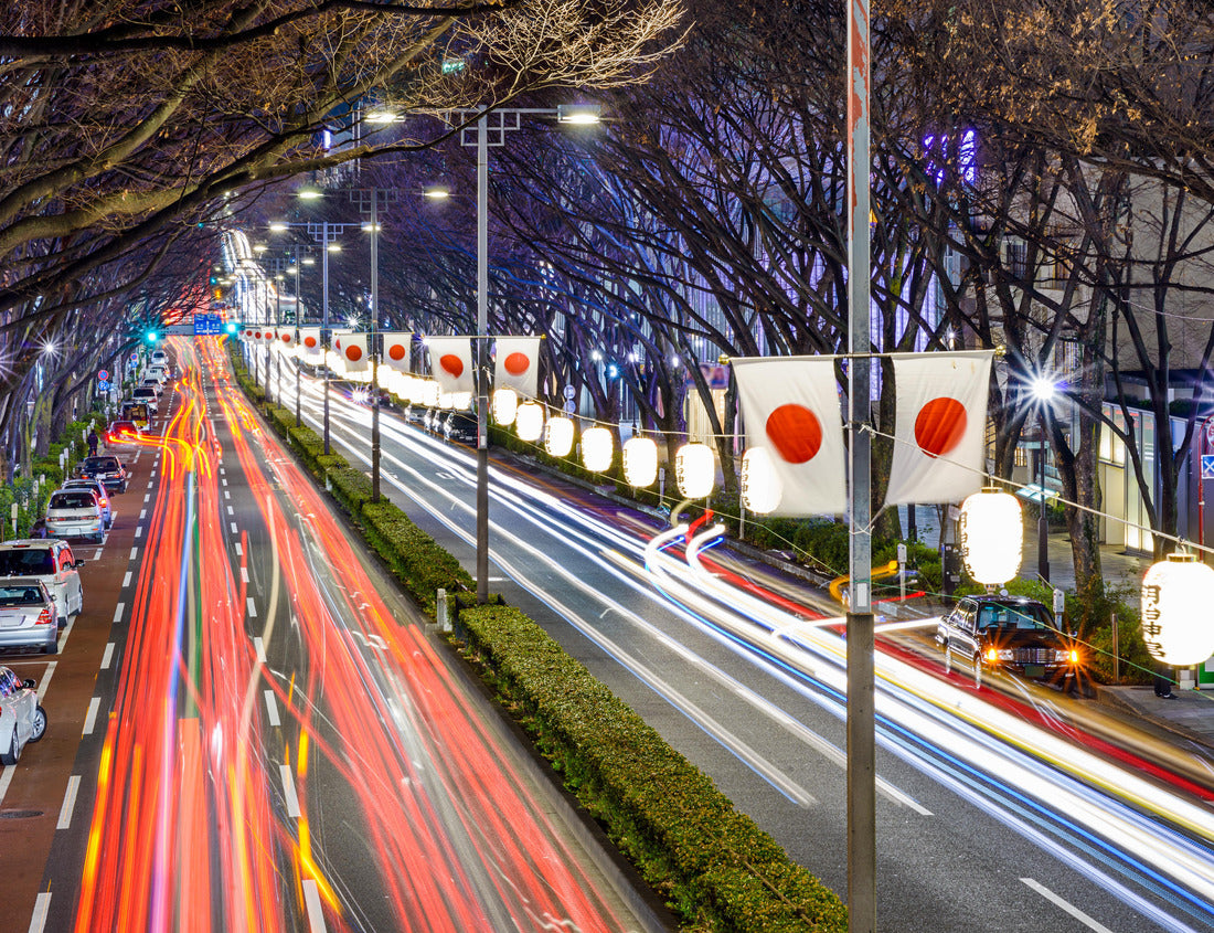 Noah Jigsaw Puzzle Harajuku, Tokyo, Japan traffic flows below Japanese flags at night 1000 pieces