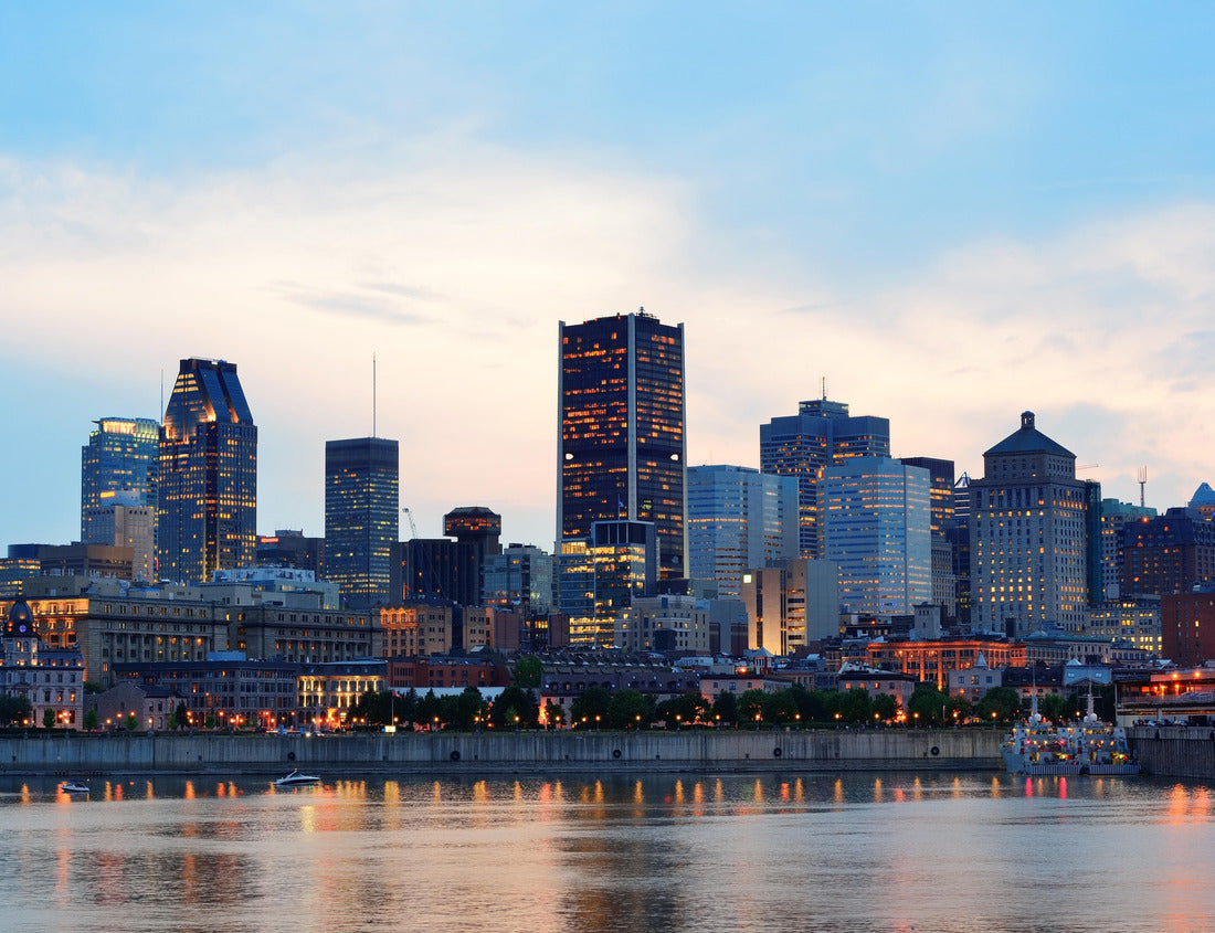 Noah Jigsaw Puzzle Montreal over the river at sunset with city lights and buildings 1000 pieces