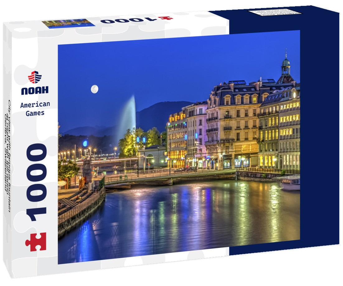 Noah Jigsaw Puzzle City view with famous fountain at night with full moon, Geneva, Switzerland 1000 pieces