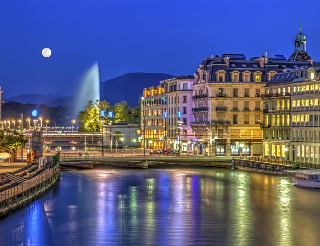 Noah Jigsaw Puzzle City view with famous fountain at night with full moon, Geneva, Switzerland 1000 pieces