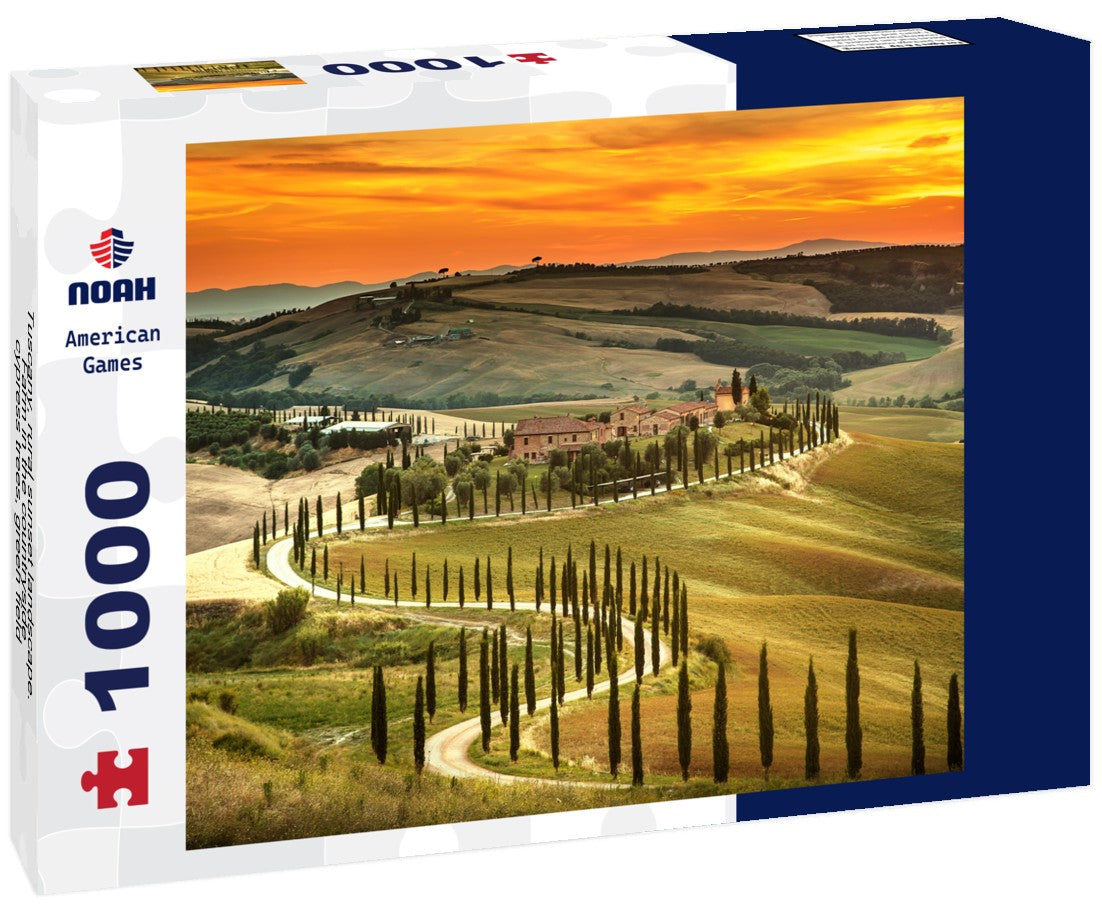 Noah Jigsaw Puzzle Tuscany, rural sunset landscape. Farm in the countryside, cypress trees, green field, sunlight and clouds. Italy 1000 pieces